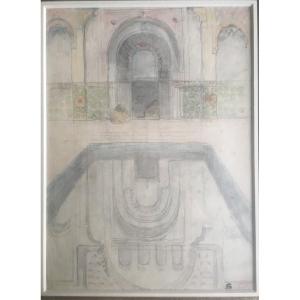 André Sureda (1872-1930) Etude au Crayon d'un Intérieur oriental avec reflet sur un bassin.