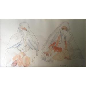 Dessin à l'encre et aquarellé De Cécile Scherrer représentant deux femmes arabes assises.