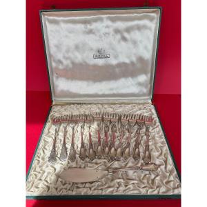 Box Of 12 Fish Forks And Its Serving Shovel By The Goldsmith François Frionnet.