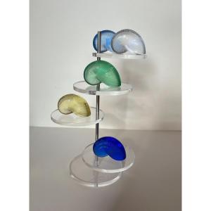 Series Of 5 Nautilus Shells Of Different Colors In Crystal Signed By Baccarat.