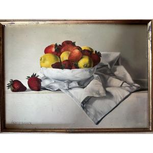 Still Life "strawberries And Lemons" Oil On Wood Signed Arnold Toubeix