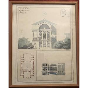 Watercolor Architectural Project For A Forum Theater By Louis Duc (1802-1879).