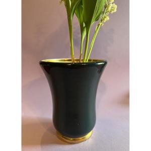 Vase en céramique Vert Foncé avec bordure Or 1940 de la Manufacture Salins