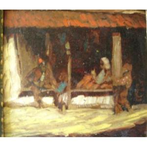 "Sous le Porche"  Huile sur carton signé O. Urbahn,daté 1929 - Ecole Allemande.
