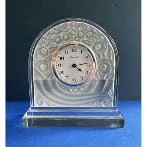 Pressed Molded Crystal Desk Or Table Clock Signed Baccarat In Its Original Box.