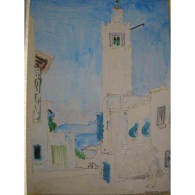 Lucien Mainssieux (1885-1958) Aquarelle "Vue d'une ruelle à Sidi Bou Said" Tunisie