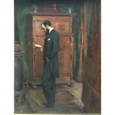 Paul Seguin-bertault Tableau Intimiste Homme Lisant Dans Un Interieur 1901