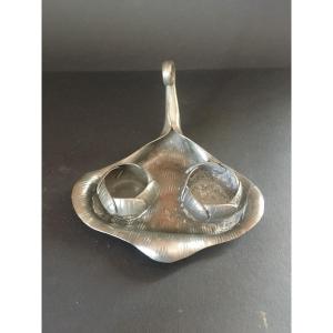 Salt And Pepper Set On A Lily Pad. In Pewter Signed Ea Chanal. Circa1900