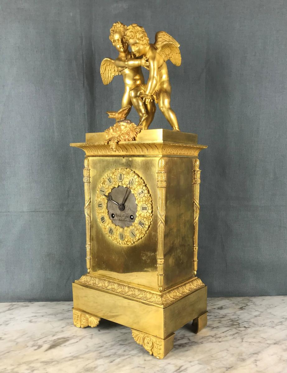 Ormolu Clock, Signed Richon à Paris. Eros And Antéros.