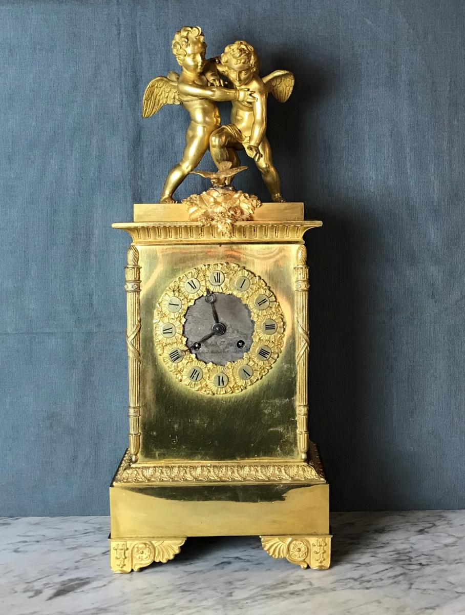 Ormolu Clock, Signed Richon à Paris. Eros And Antéros.-photo-2