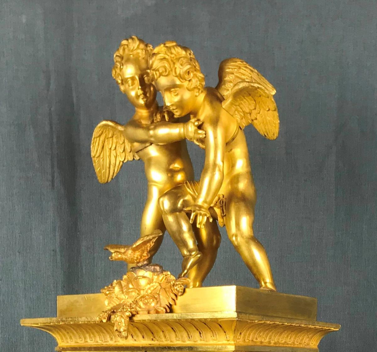 Ormolu Clock, Signed Richon à Paris. Eros And Antéros.-photo-1