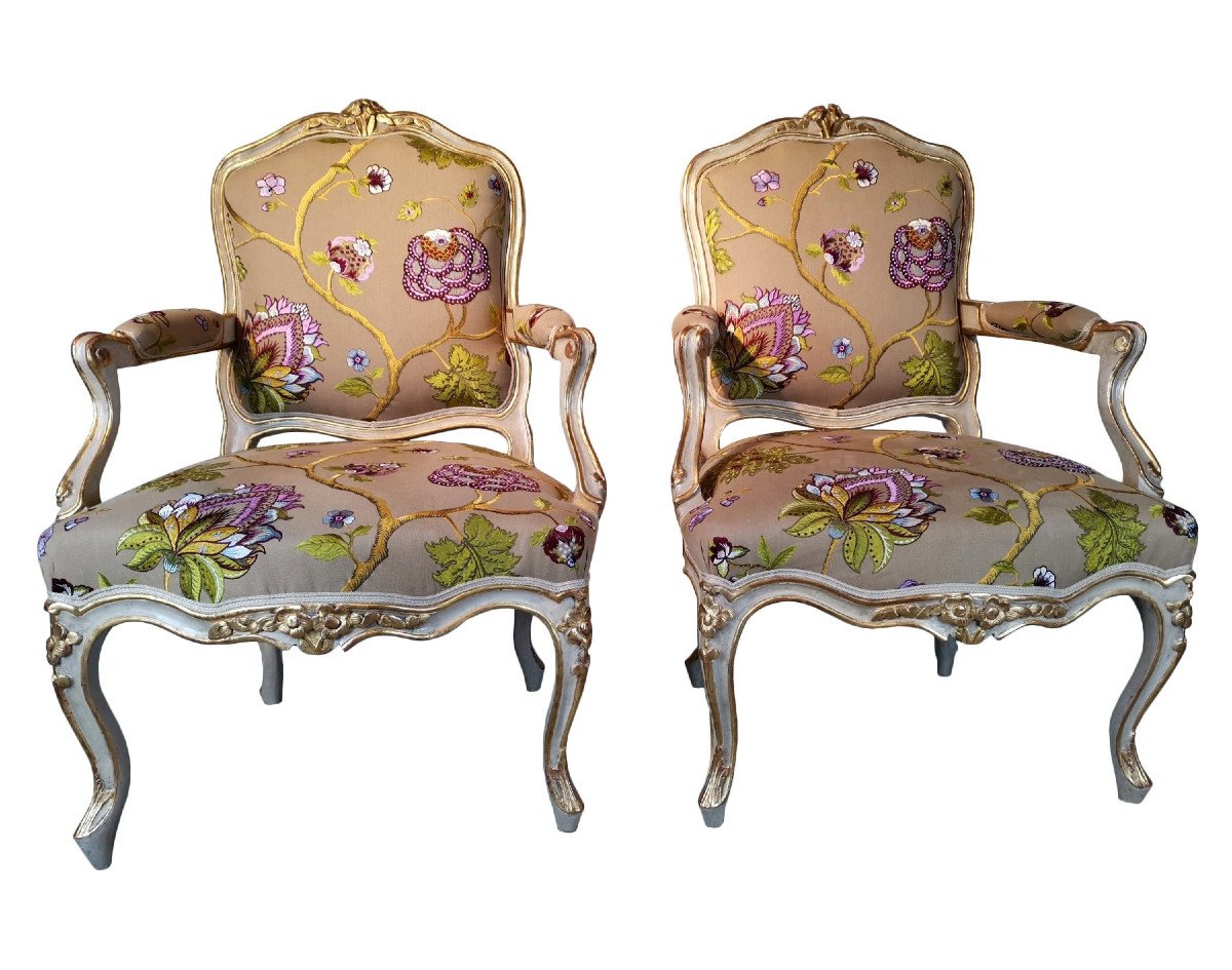 A Louis XV Painted And Parcel-gilt  Pair Of Armchairs, Attributed Gourdin 18th Century Circa 1750.