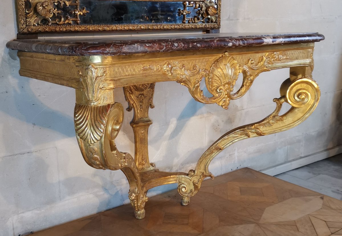 Console En Bois De Chêne Sculpté Et Doré D’époque Régence Vers 1715 - 1720-photo-2