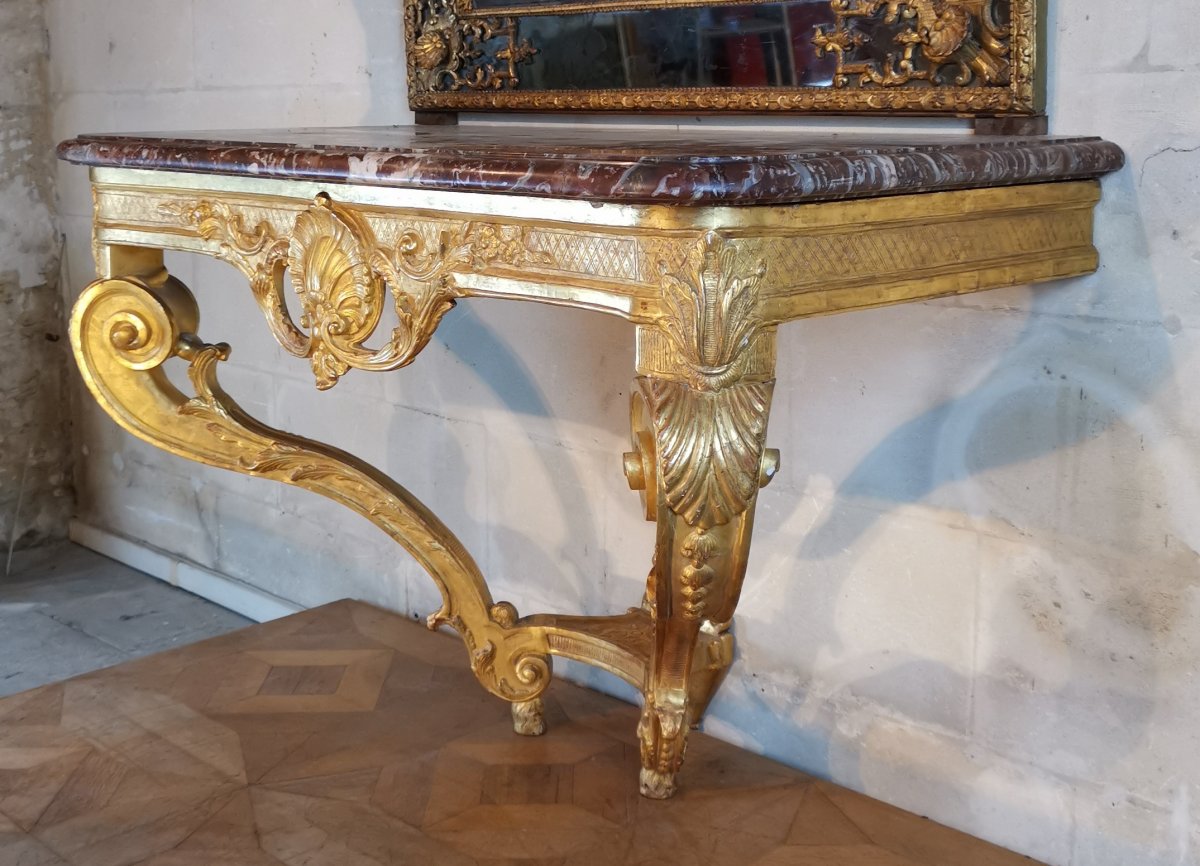 Console En Bois De Chêne Sculpté Et Doré D’époque Régence Vers 1715 - 1720-photo-4