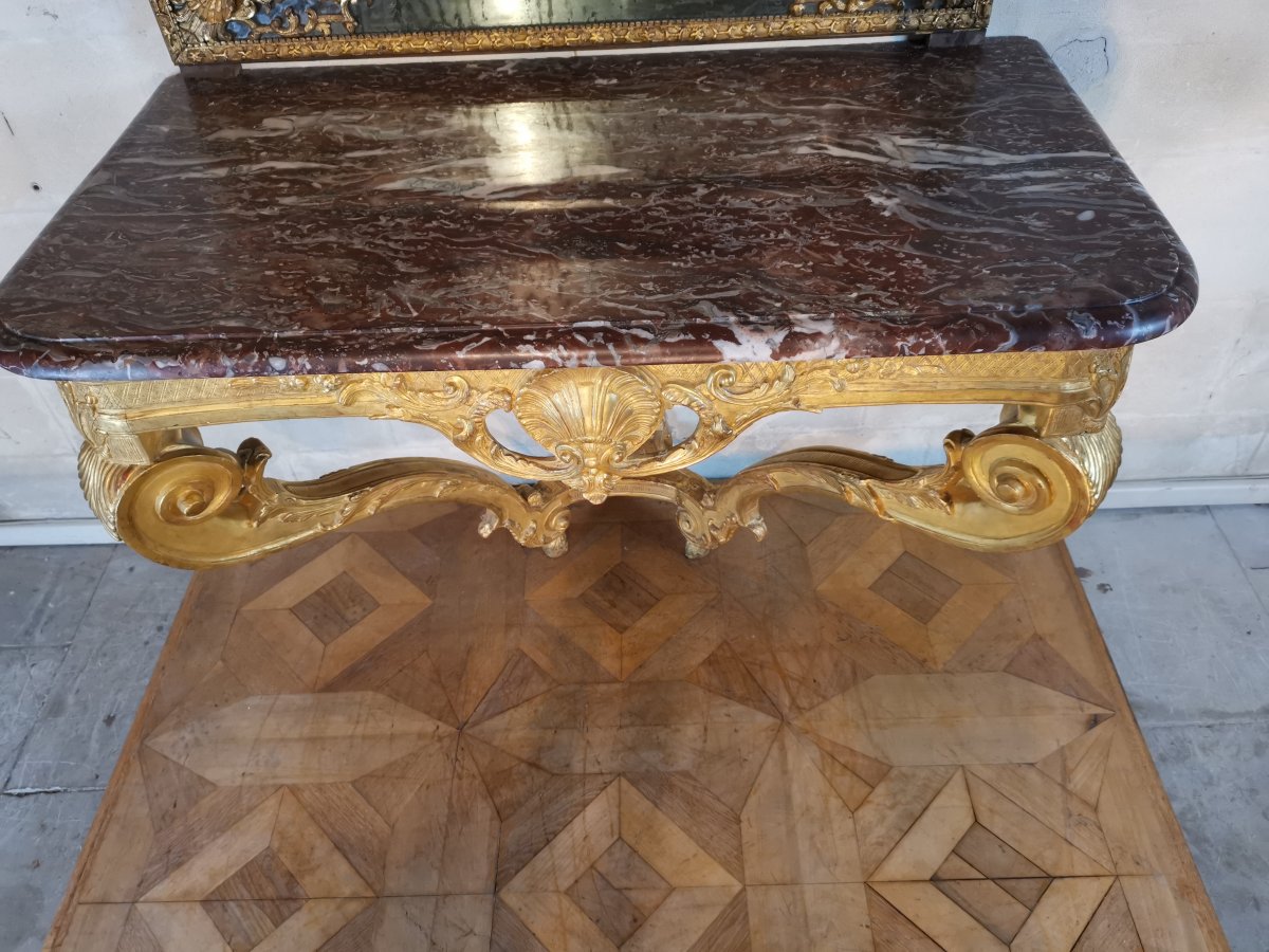 Console En Bois De Chêne Sculpté Et Doré D’époque Régence Vers 1715 - 1720-photo-1