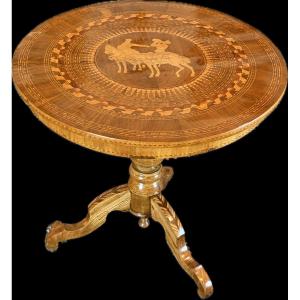 Table guéridon Italienne en marqueterie de Sorrente vers 1860 
