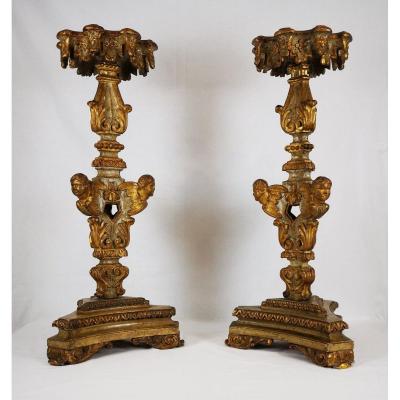 Paire De Portes Torchère En Bois Laqué Et Doré D’époque Louis XIV, XVIIIe Siècle.