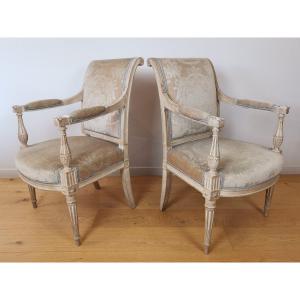 Pair Of Flat-backed Armchairs, Rolled Louis XVI Stamped Roussens.