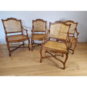 Suite Of Four Caned Armchairs From The Regency Period.