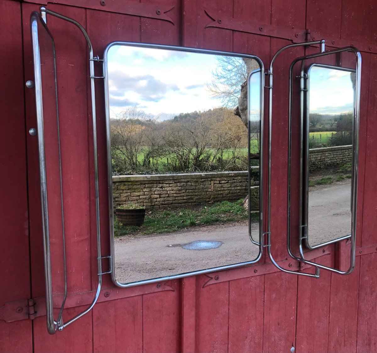 Ancien Miroir Triptyque Mural.-photo-2