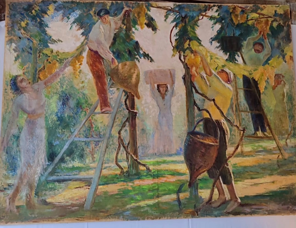 Monumental Painting Of A Grape Harvest Scene 