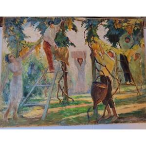 Monumental Painting Of A Grape Harvest Scene 