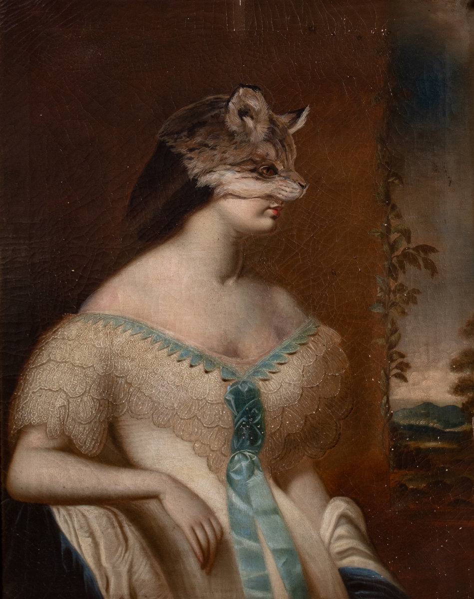Portrait d'une femme portant un masque en peau de cougar, XIXe siècle  École anglaise vers 1850-photo-4