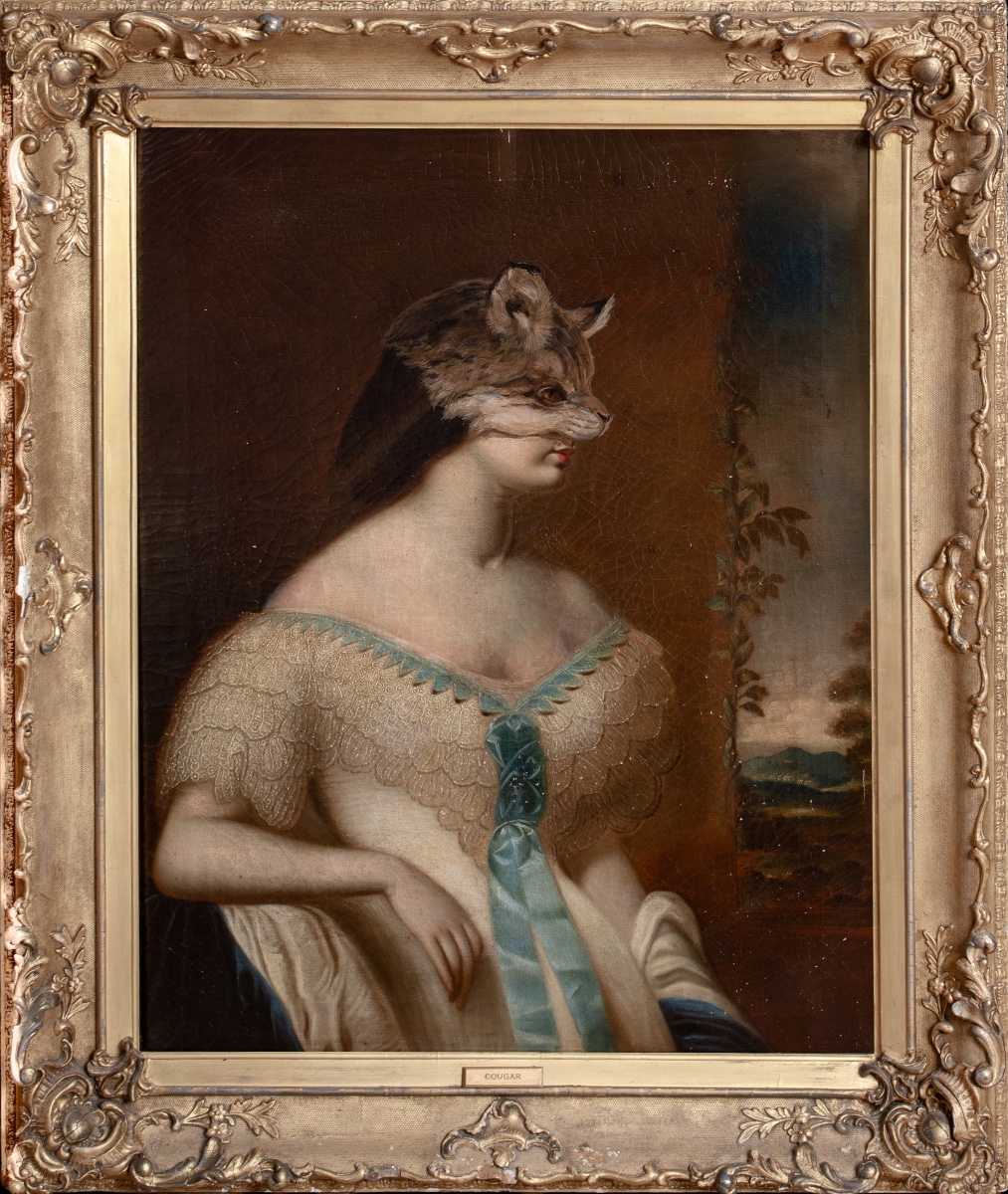 Portrait d'une femme portant un masque en peau de cougar, XIXe siècle  École anglaise vers 1850