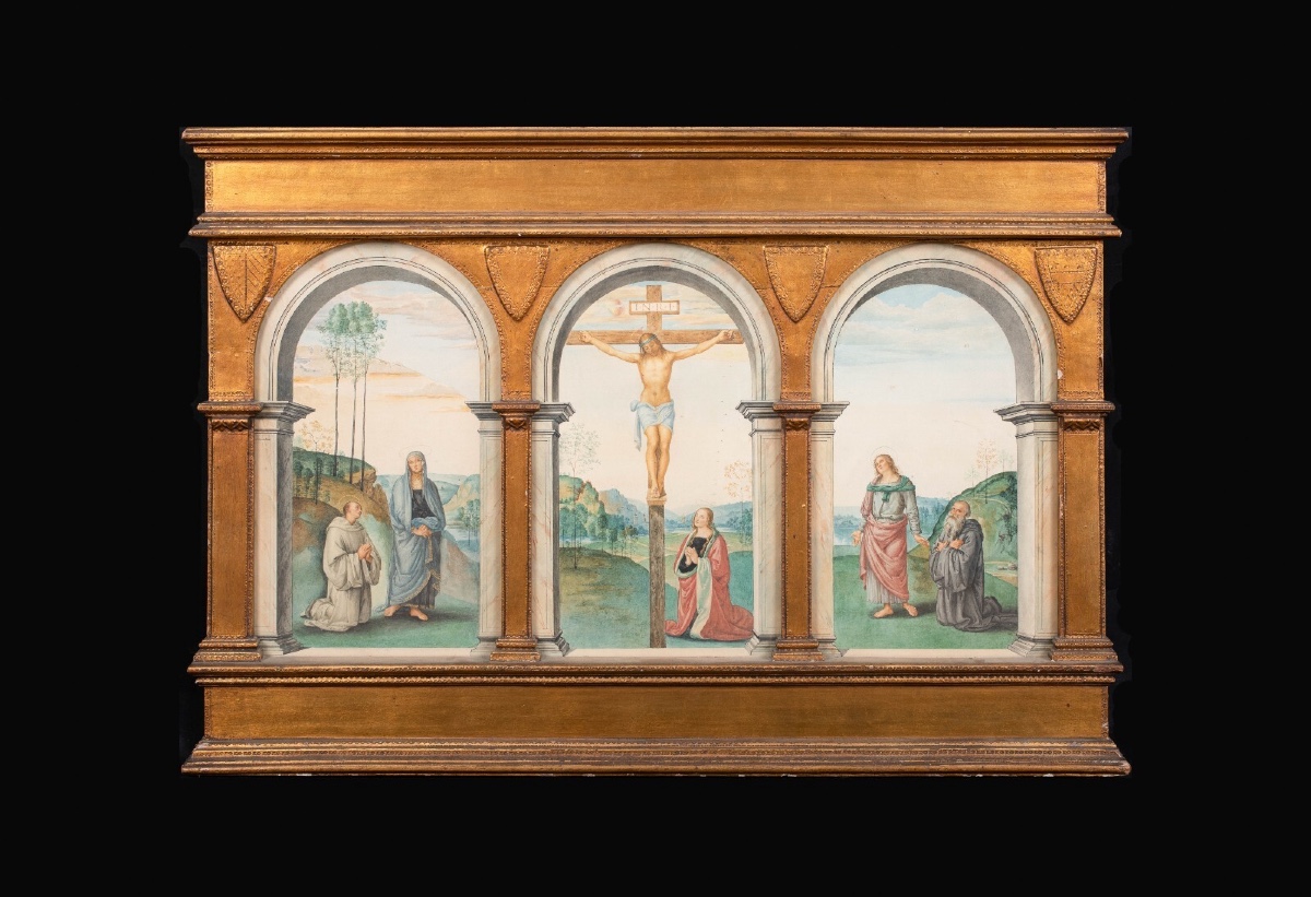 Triptyque de la Crucifixion, vers le XVIIe siècle  École de PIETRO PERUGINO (1446-1523)  