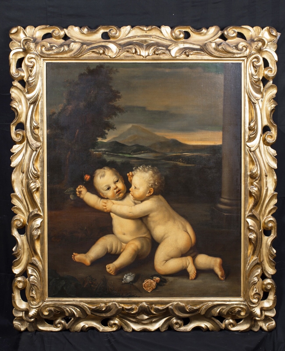 Playing Putto, 19th Century Bolognese School - Carved Florentine Frame 