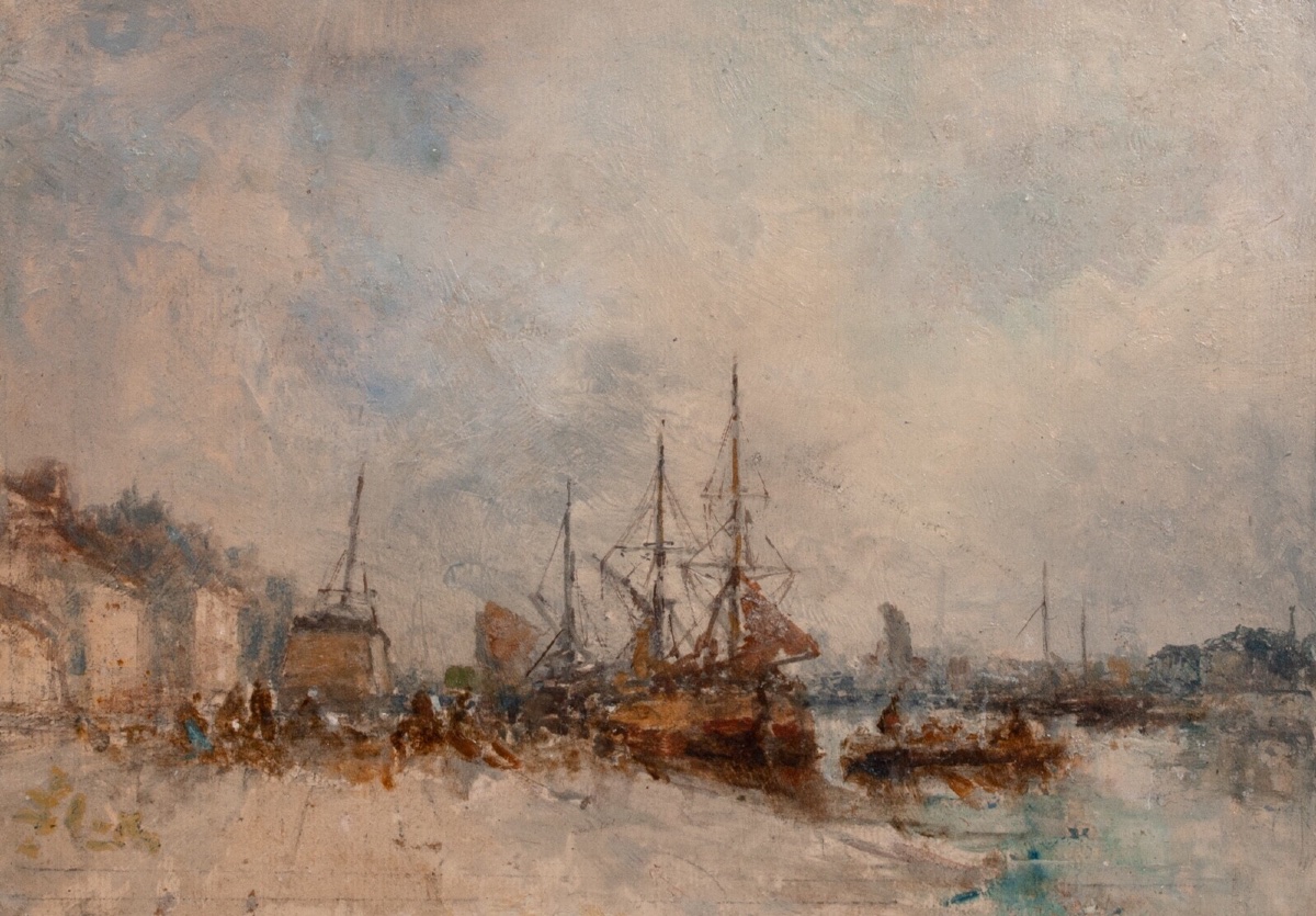 Bateaux sur un quai, Dieppe, XIXe siècle  École d'Eugène Boudin -photo-2