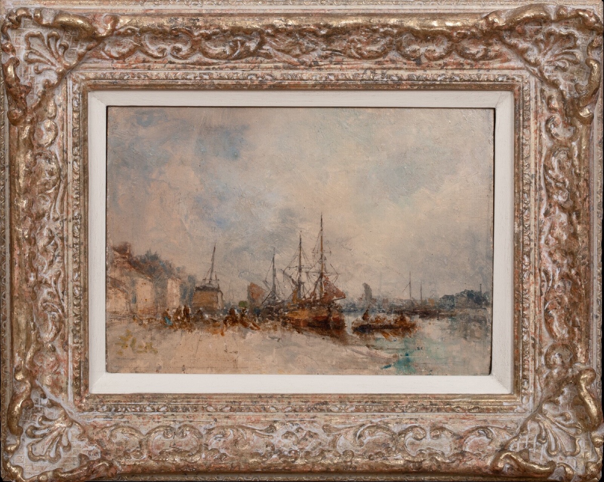 Bateaux sur un quai, Dieppe, XIXe siècle  École d'Eugène Boudin 