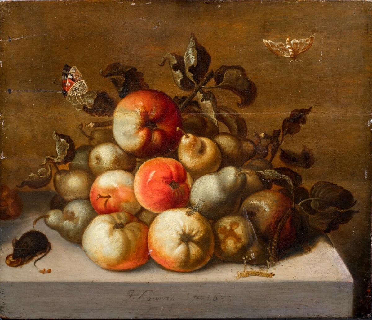 Étude de pommes, de poires, d'une chenille, de papillons et d'une souris, datée de 1635 -photo-2