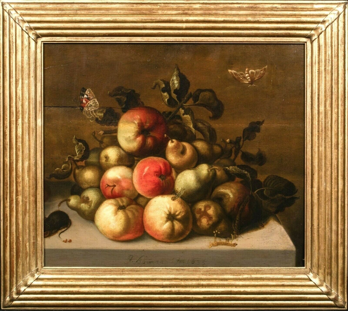 Étude de pommes, de poires, d'une chenille, de papillons et d'une souris, datée de 1635 
