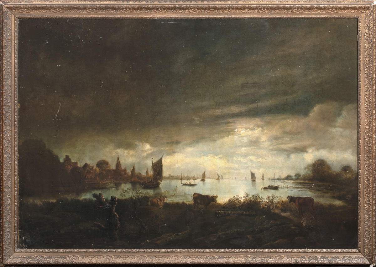 Paysage fluvial au clair de lune, XVIIe siècle  Attribué à Aert van der Neer (1603-1677) 