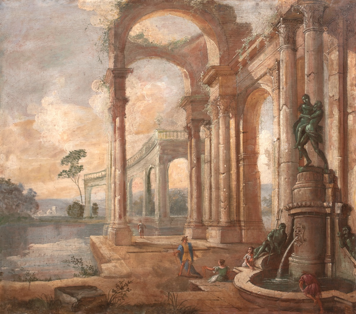 Personnages se reposant près d'une fontaine Capriccio romain XVIIIe siècle  PANINI-photo-2