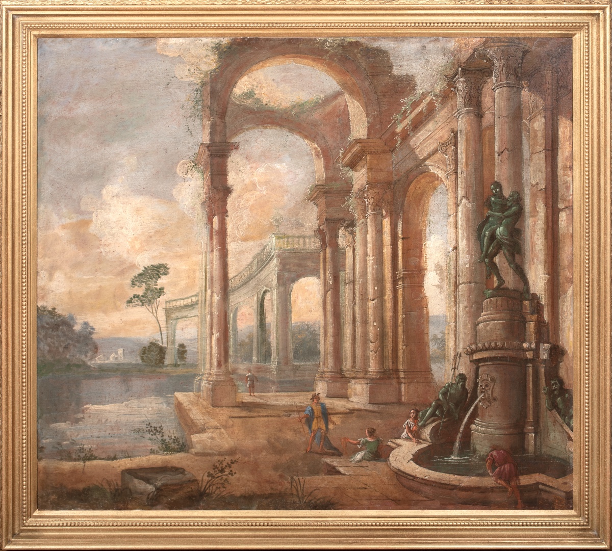 Personnages se reposant près d'une fontaine Capriccio romain XVIIIe siècle  PANINI