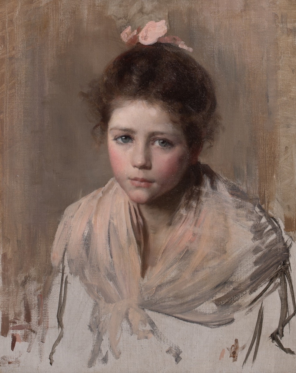 Portrait Of A Young Girl Wearing A Pink Bow And Shawl, 19th Century, Samuel Luke Fildes-photo-2