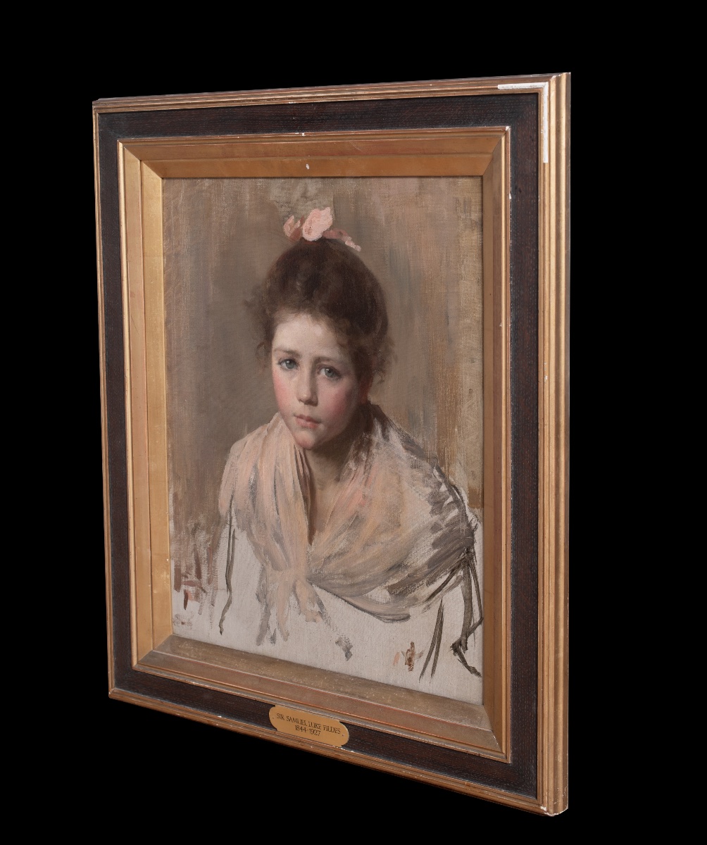 Portrait Of A Young Girl Wearing A Pink Bow And Shawl, 19th Century, Samuel Luke Fildes-photo-3