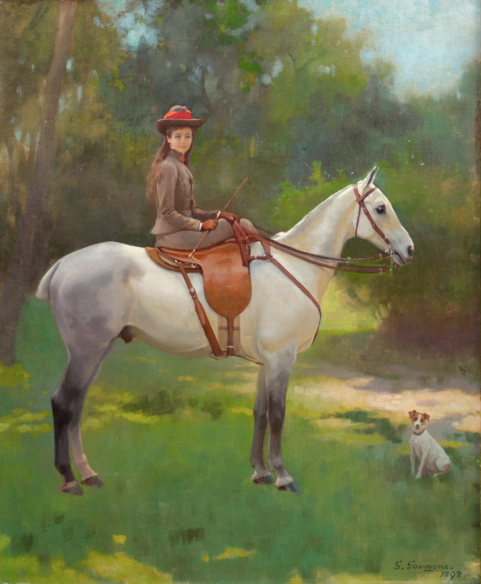 Portrait d'Hilda, montant son poney « Piano » accompagnée d'un Jack Russell Terrier, daté 1892-photo-2