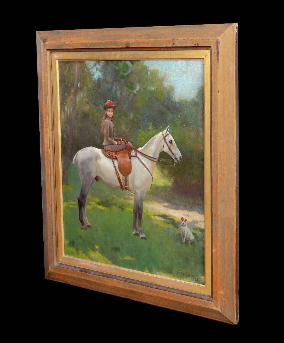 Portrait d'Hilda, montant son poney « Piano » accompagnée d'un Jack Russell Terrier, daté 1892-photo-3