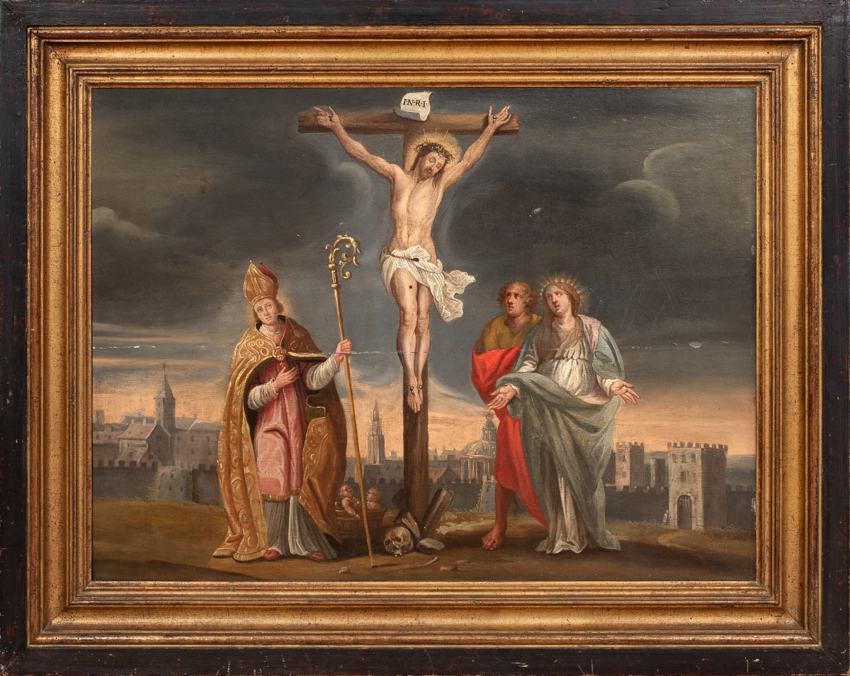 La Crucifixion, la Vierge Marie, saint Jean l'Évangéliste et saint Nicolas, XVIIe siècle 