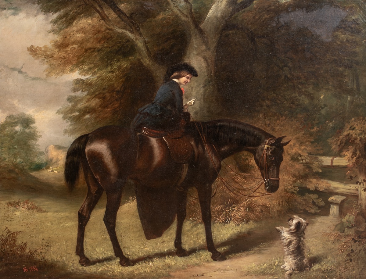 LA COMTESSE D'UXBRIDGE À CHEVAL SUR « ROSE », UNE CHEVALETTE BAIE NOIRE AVEC UN TERRIER -photo-3