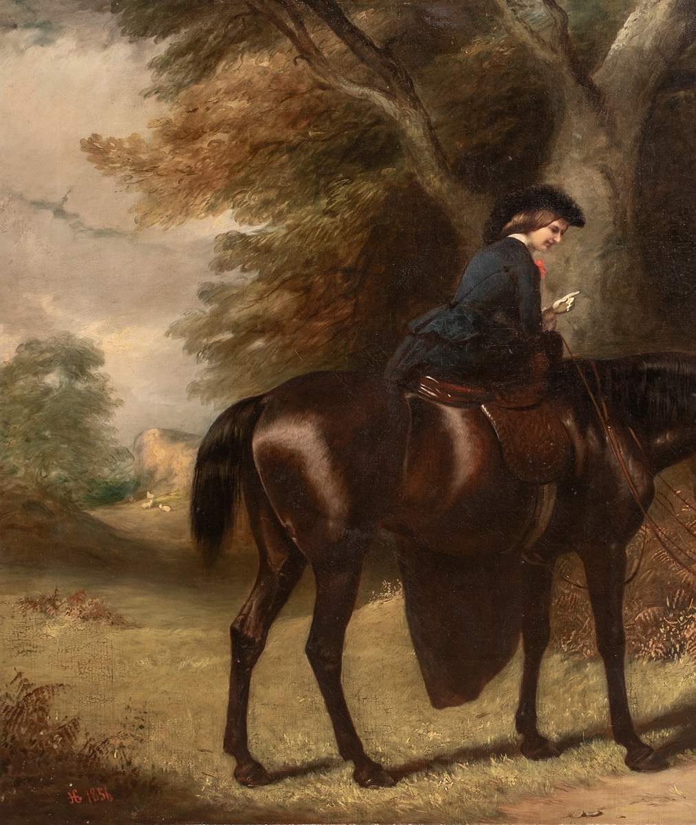 LA COMTESSE D'UXBRIDGE À CHEVAL SUR « ROSE », UNE CHEVALETTE BAIE NOIRE AVEC UN TERRIER -photo-1