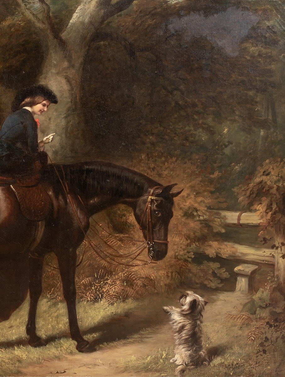 LA COMTESSE D'UXBRIDGE À CHEVAL SUR « ROSE », UNE CHEVALETTE BAIE NOIRE AVEC UN TERRIER -photo-2