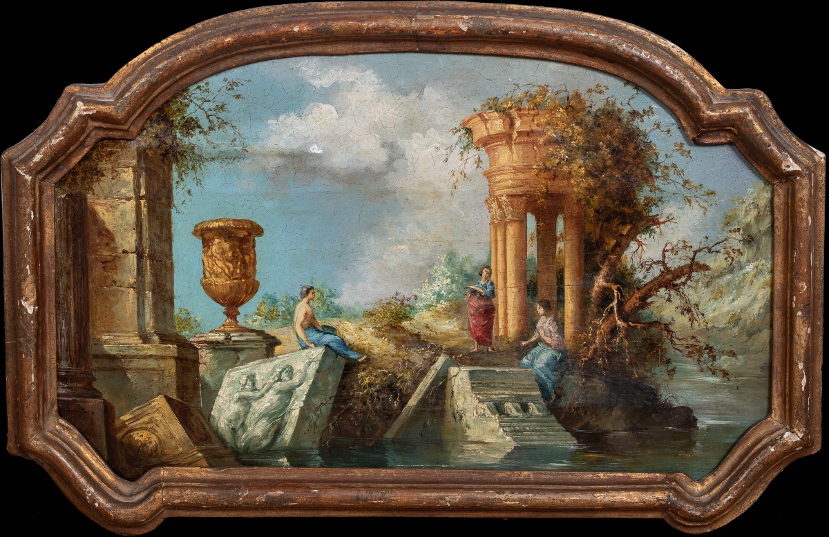 Capriccio de ruines romaines. XVIIIe siècle  Suiveur de Giovani Paolo Panini (1691-1765) 