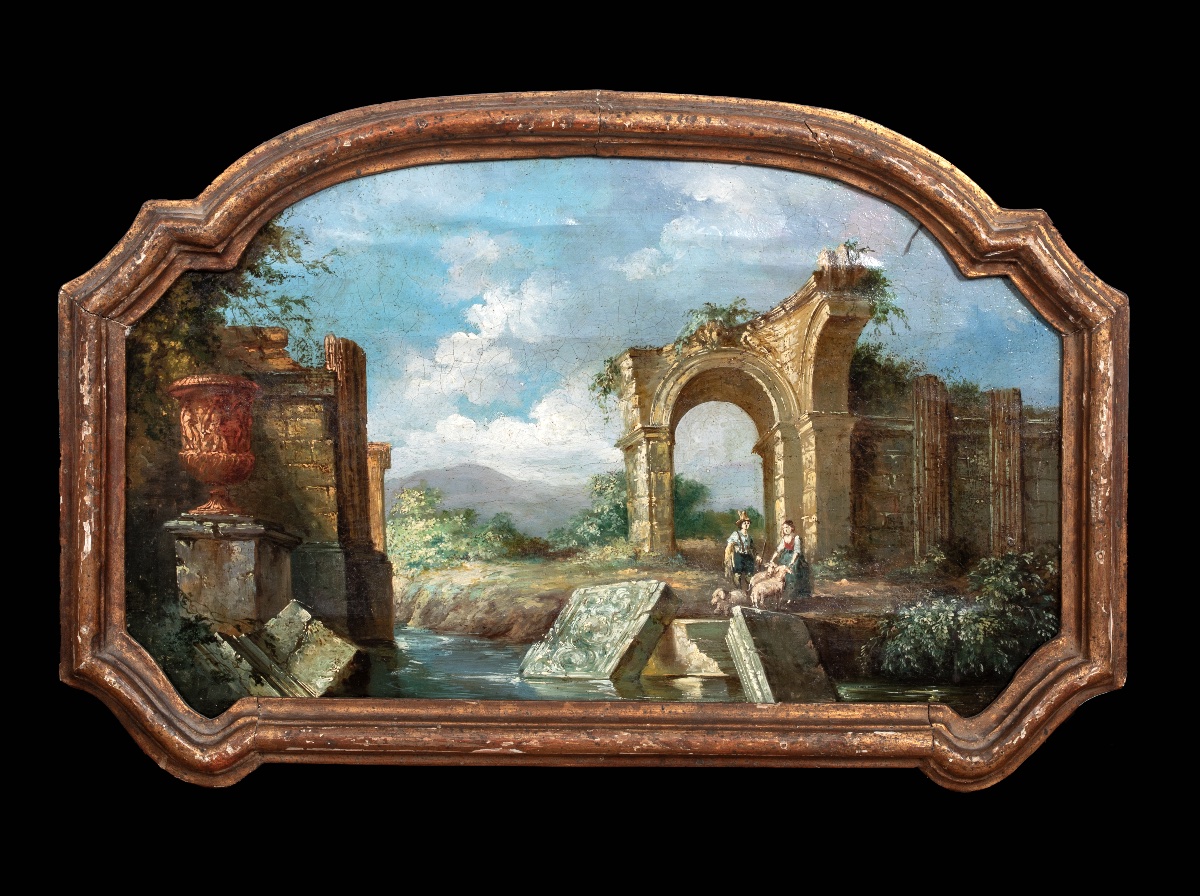 Capriccio de ruines romaines. XVIIIe siècle  Suiveur de Giovani Paolo Panini (1691-1765) -photo-1