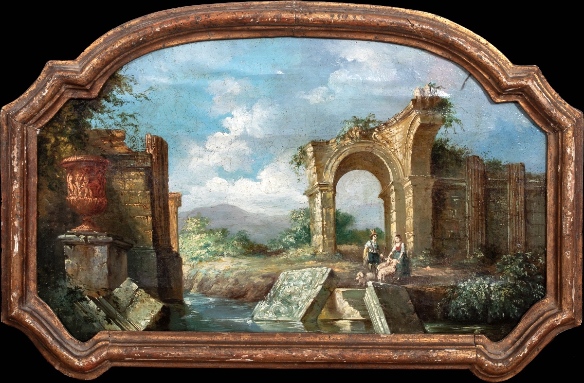 Capriccio de ruines romaines. XVIIIe siècle  Suiveur de Giovani Paolo Panini (1691-1765) 