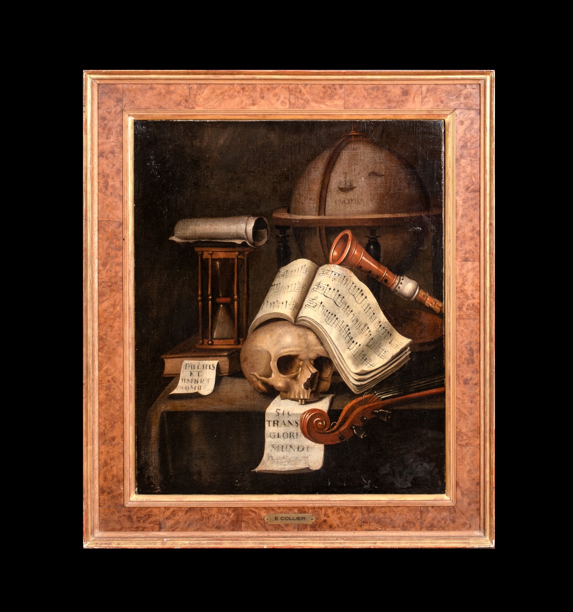 Nature morte de type vanité avec crâne, sablier, globe et instruments de musique, XVIIe siècle -photo-2