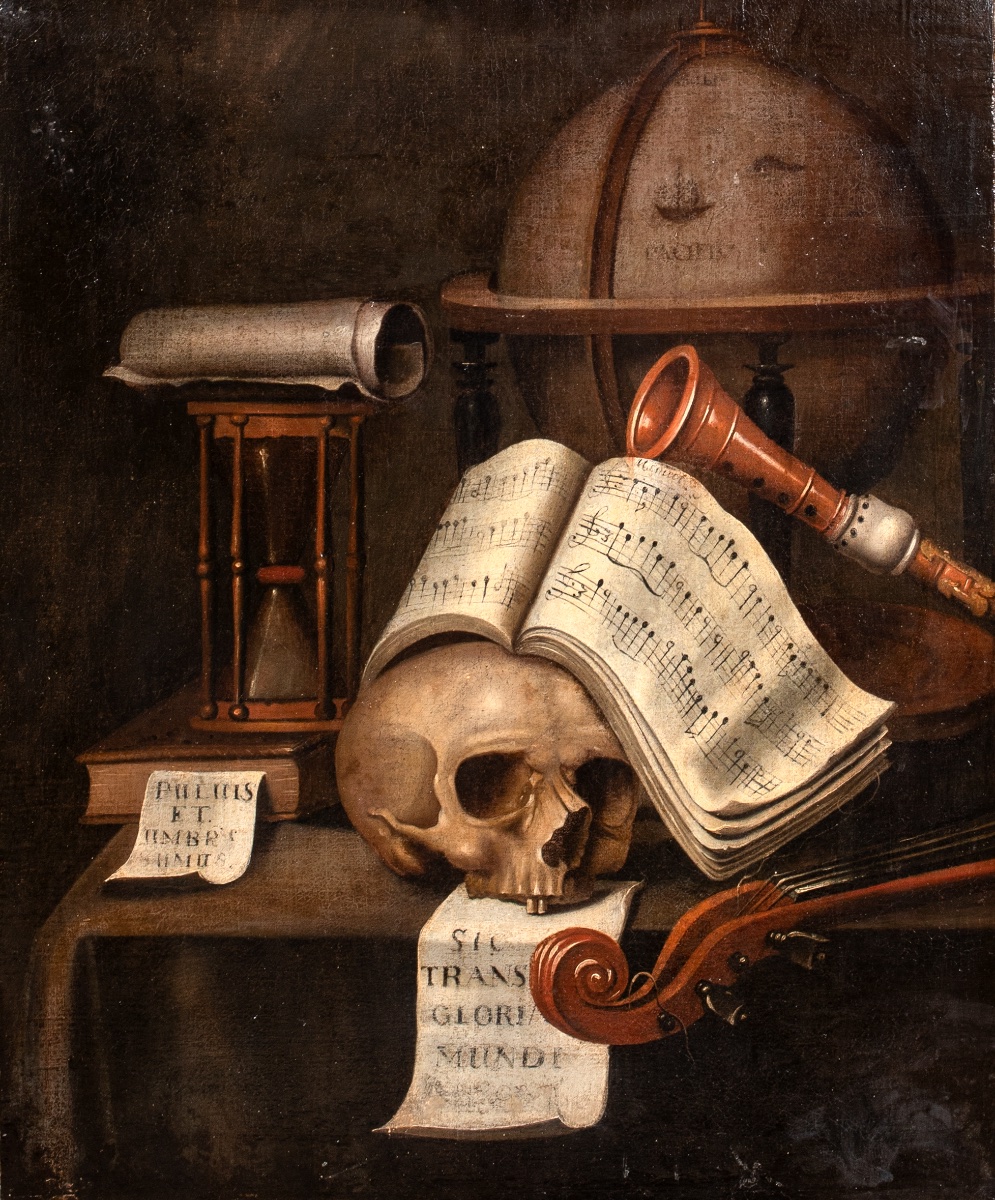 Nature morte de type vanité avec crâne, sablier, globe et instruments de musique, XVIIe siècle -photo-3